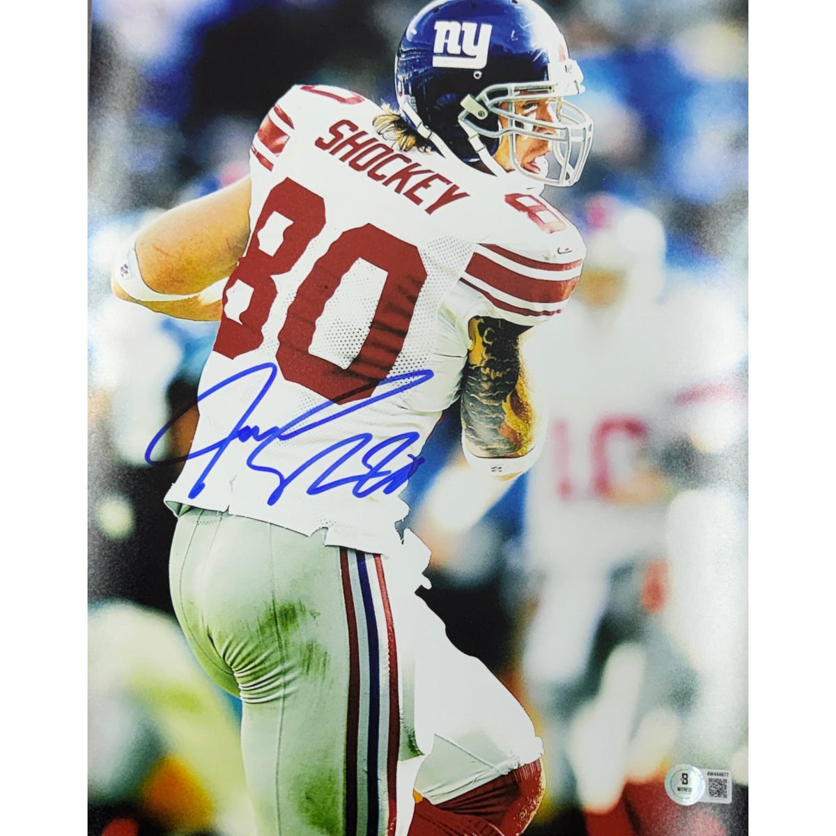Jeremy Shockey New York Giants White Jersey Autographed 16x20 Photo Beckett BAS product image 1, provided for visual