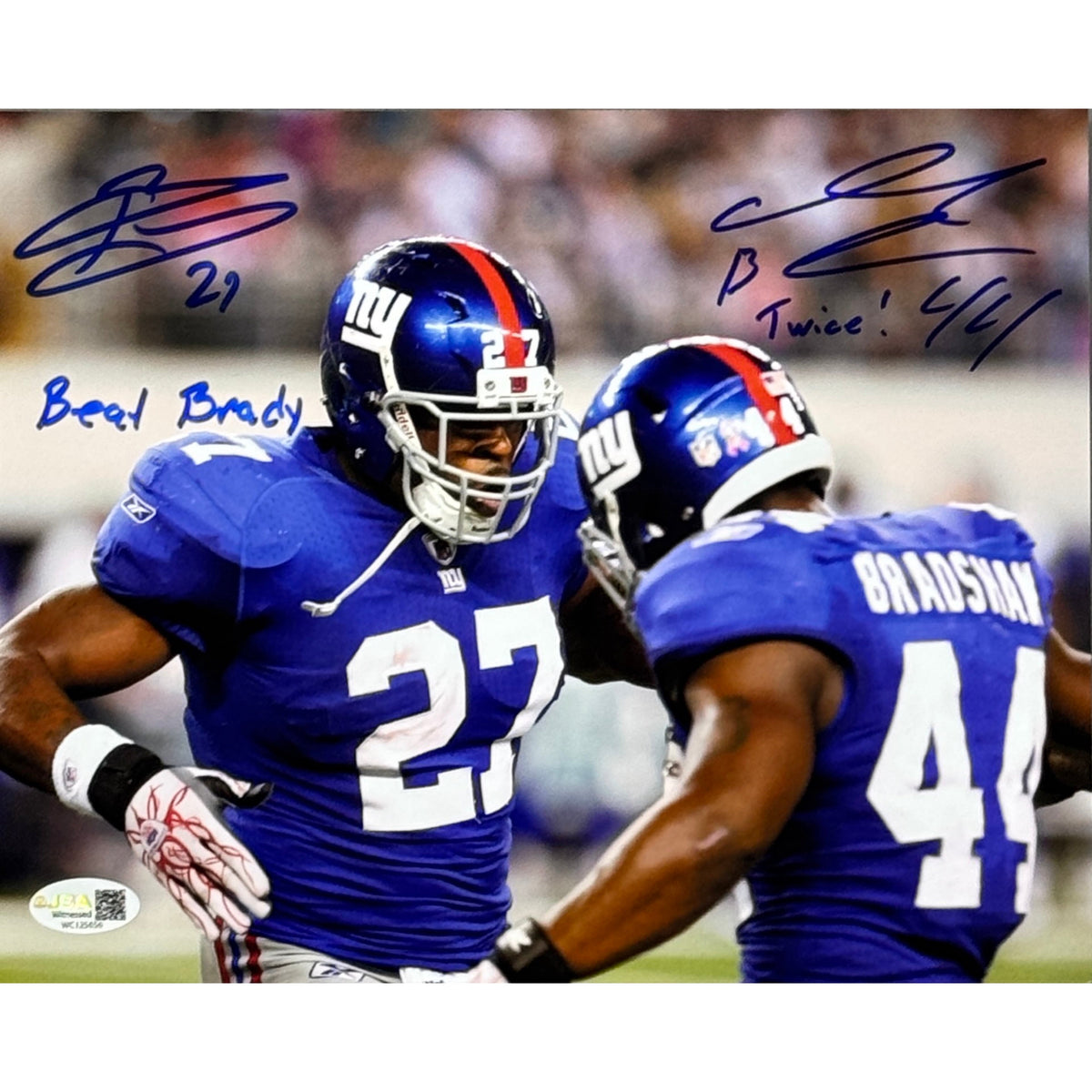 Ahmad Bradshaw & Brandon Jacobs Autographed Beat Brady Five 8x10 JSA product image 1, provided for visual reference and