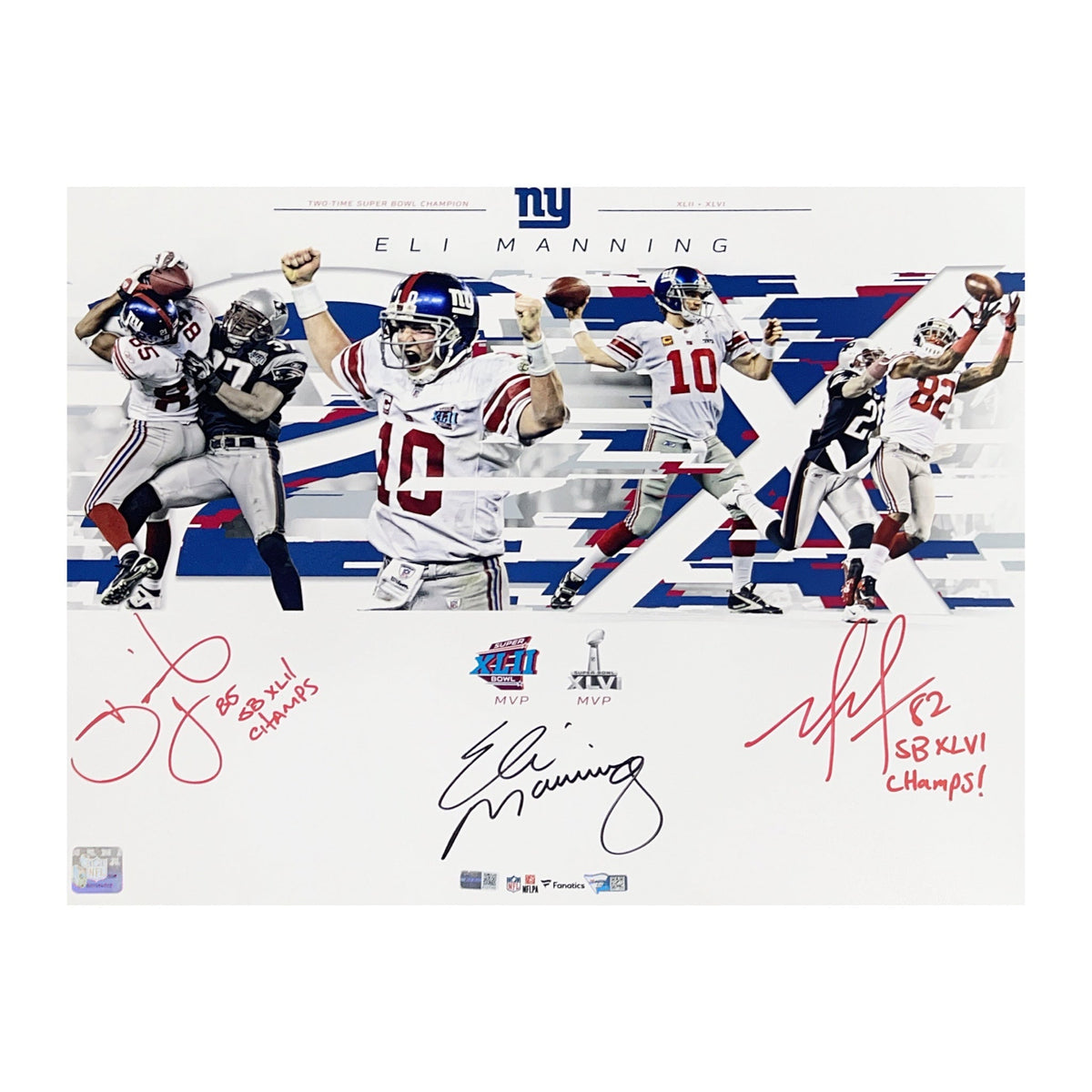 Eli Manning, David Tyree & Mario Manningham Autographed New York Giants 16x20 SB XLII Champs, SB XLVI Champs Inscriptions