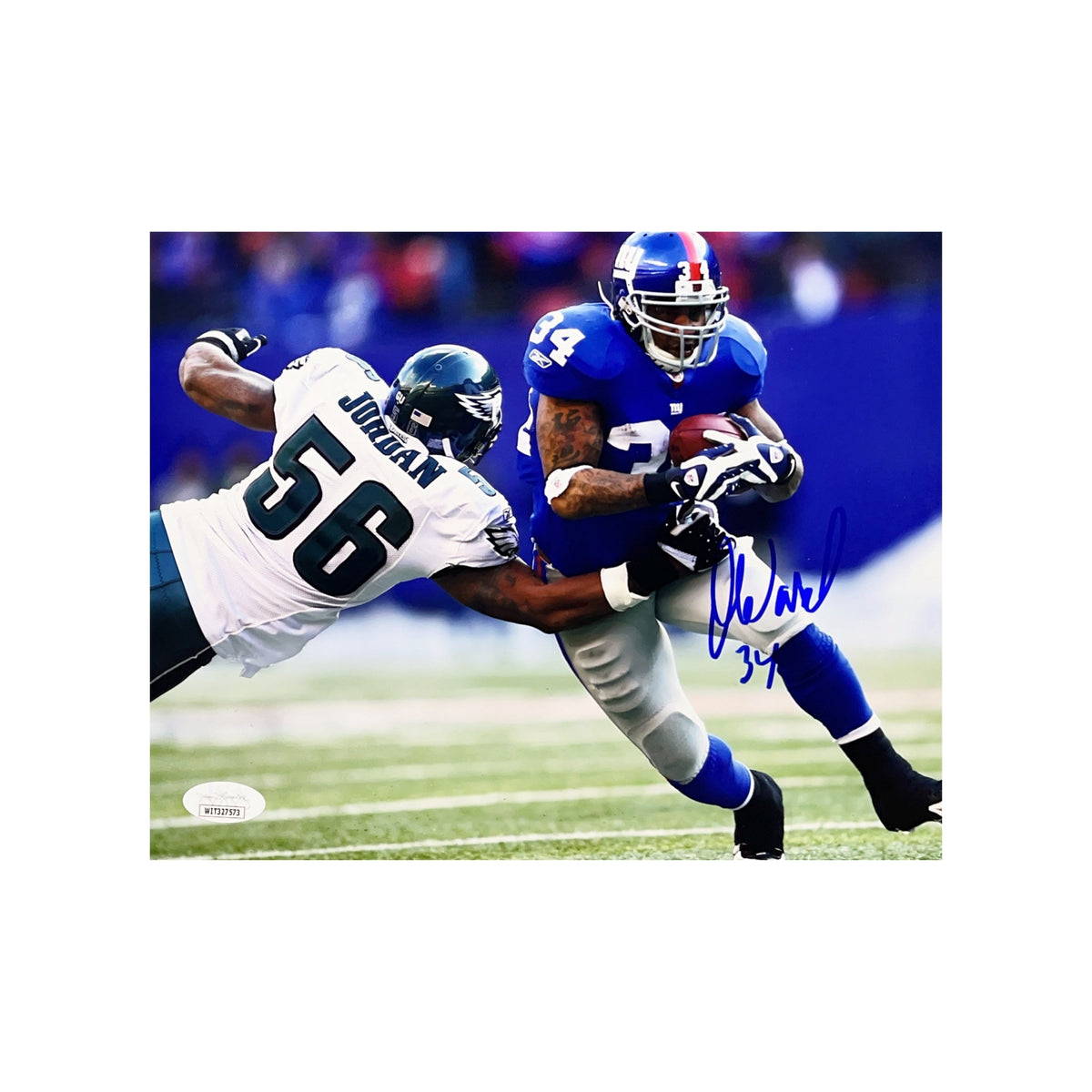 Derrick Ward Autographed New York Giants vs Eagles 8x10 JSA product image 1, provided for visual reference and product