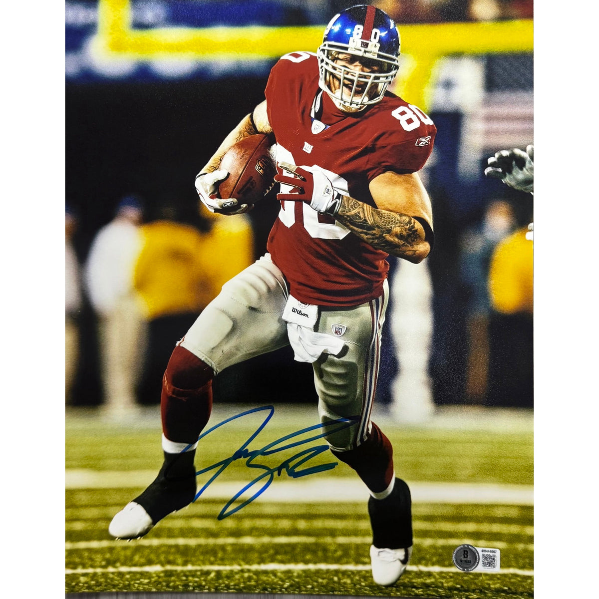 Jeremy Shockey New York Giants Red Jersey Running Autographed 11x14 Photo Beckett BAS product image 1, provided for visual
