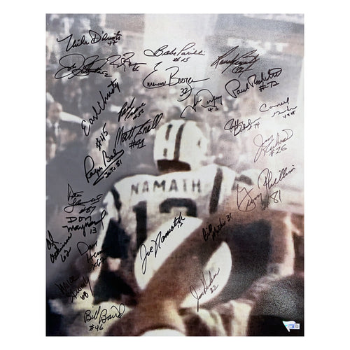 1969 New York Jets Autographed Super Bowl Namath Leaving Field 16x20 25 Autographs Including Namath, Maynard, Boozer & More