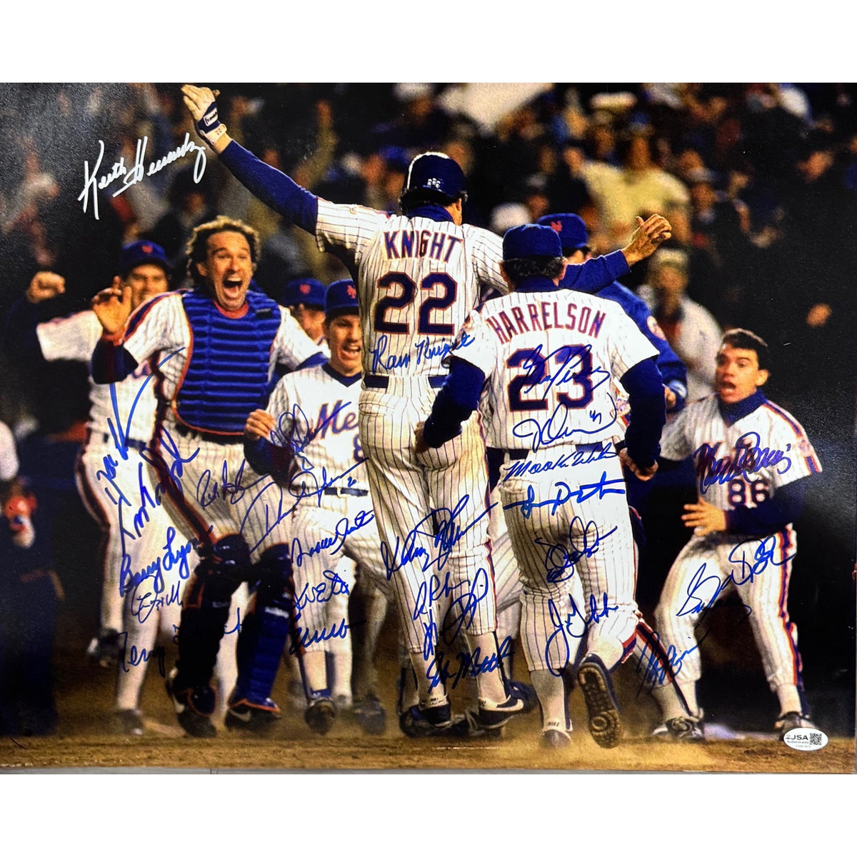 1986 New York Mets Team Autographed Ray Knight Jump Blue Ink DSX 16x20 Horizontal JSA product image 1, provided for visual