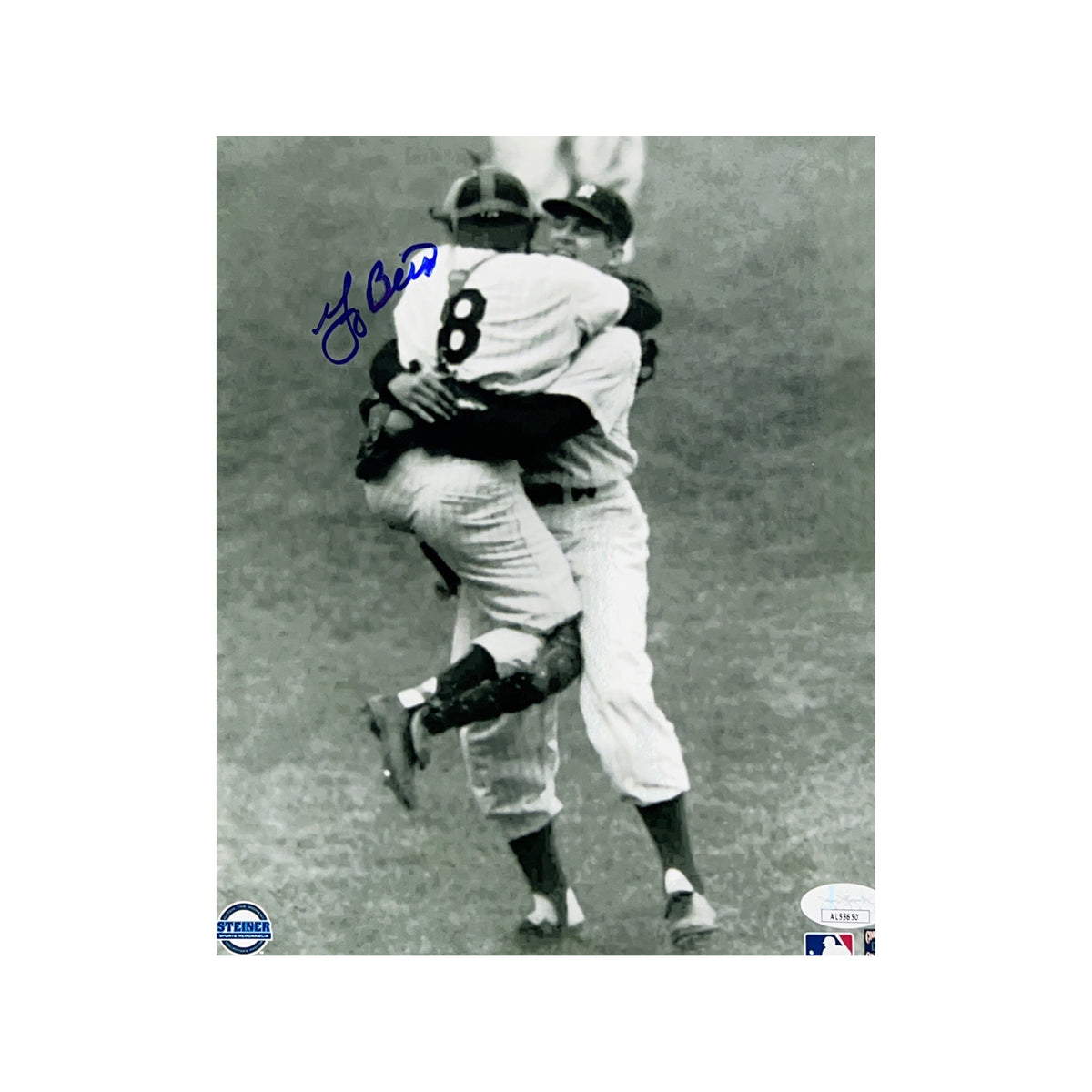 Yogi Berra Autographed New York Yankees B&W Jumping Into Larsen 8x10 JSA product image 1, provided for visual reference and