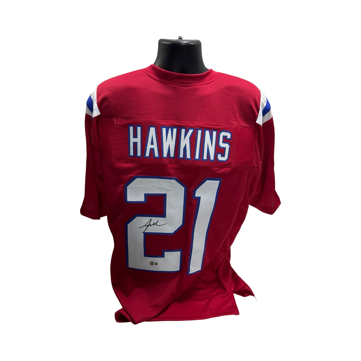 Jaylinn Hawkins Autographed New England Patriots Red Jersey Beckett BAS product image 1, provided for visual reference and