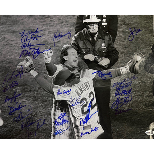 1986 New York Mets Team Autographed Ray Knight Hug B&W 16x20 Horizontal JSA product image 1, provided for visual reference
