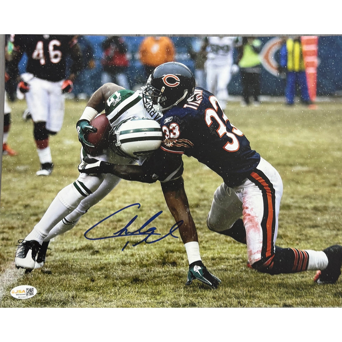 Charles Tillman Autographed Chicago Bears Navy Blue Jersey Tackle 11x14 JSA product image 1, provided for visual reference