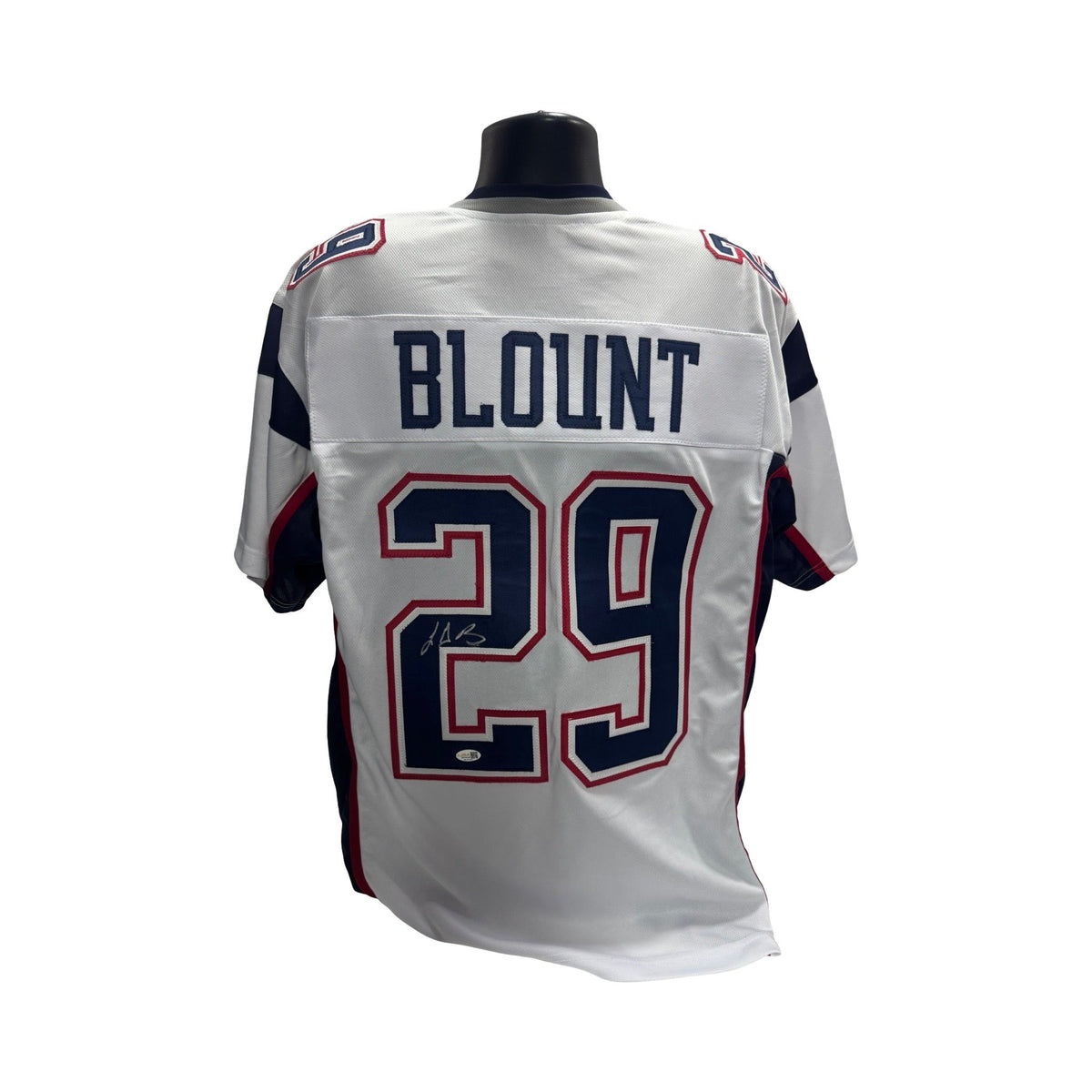 LeGarrett Blount Autographed New England Patriots White Jersey JSA product image 1, provided for visual reference and