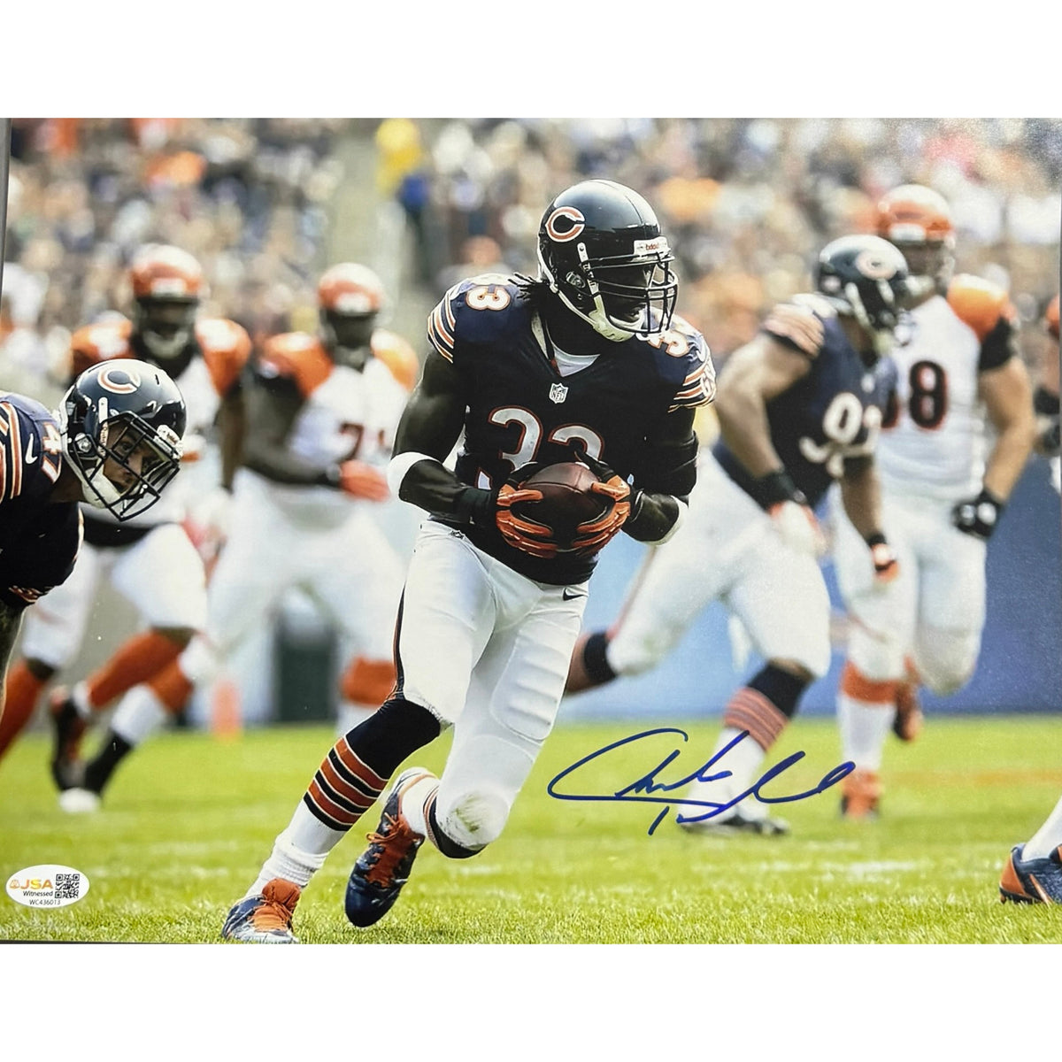 Charles Tillman Autographed Chicago Bears Navy Blue Jersey Running 11x14 JSA product image 1, provided for visual reference