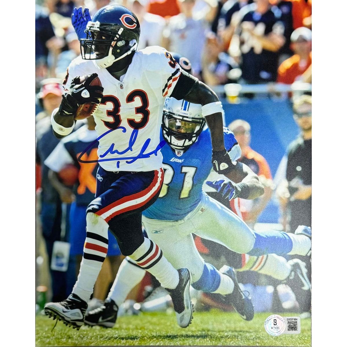 Charles Tillman Autographed Chicago Bears White Jersey Running Lions 8x10 Beckett BAS product image 1, provided for visual