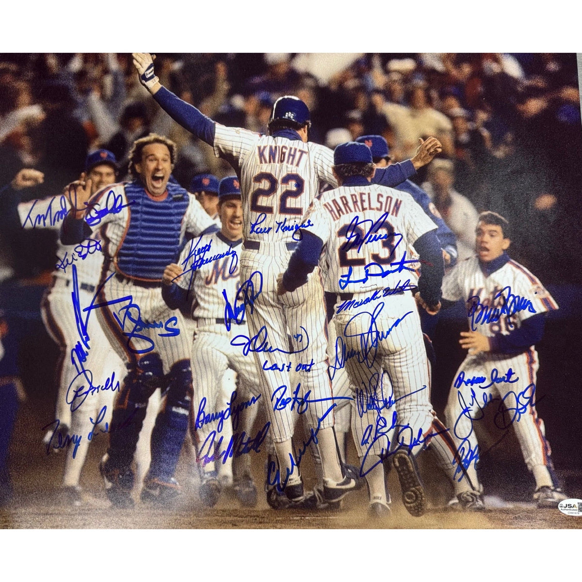 1986 New York Mets Team Autographed Ray Knight Jump Blue Ink 16x20 Horizontal JSA product image 1, provided for visual