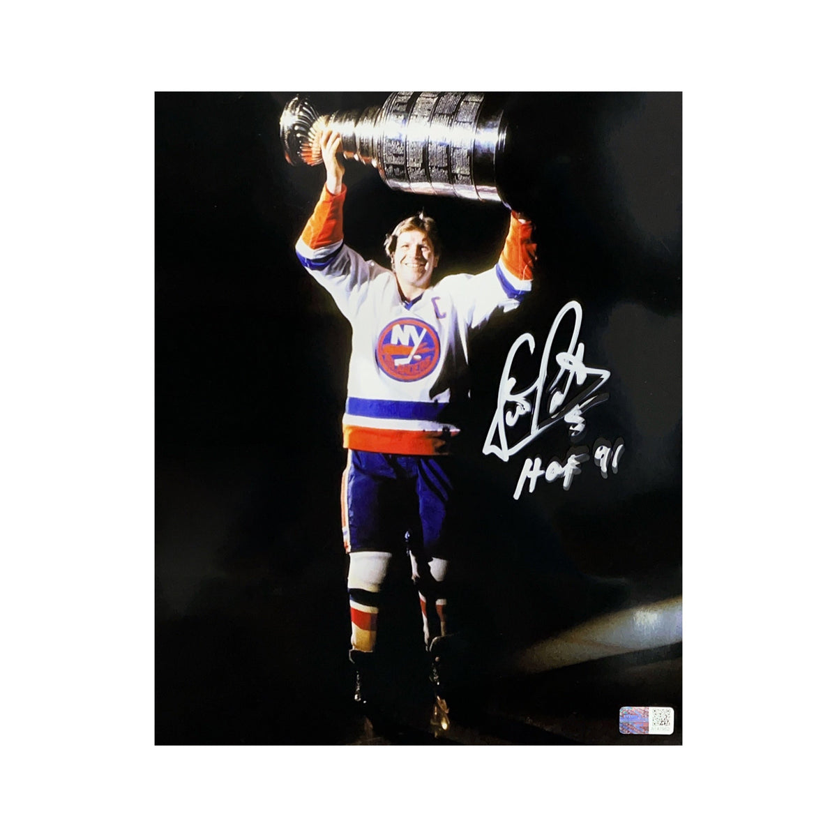 Denis Potvin Autographed New York Islanders 8x10 Hoisting Trophy "HOF 91" Inscription Steiner CX product image 1, provided