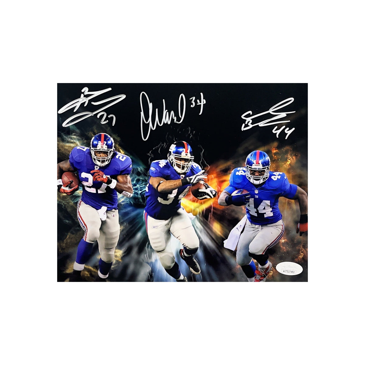 Brandon Jacobs, Ahmad Bradshaw & Derrick Ward Autographed New York Giants Earth Wind & Fire 8x10 Steiner CX product image 1,