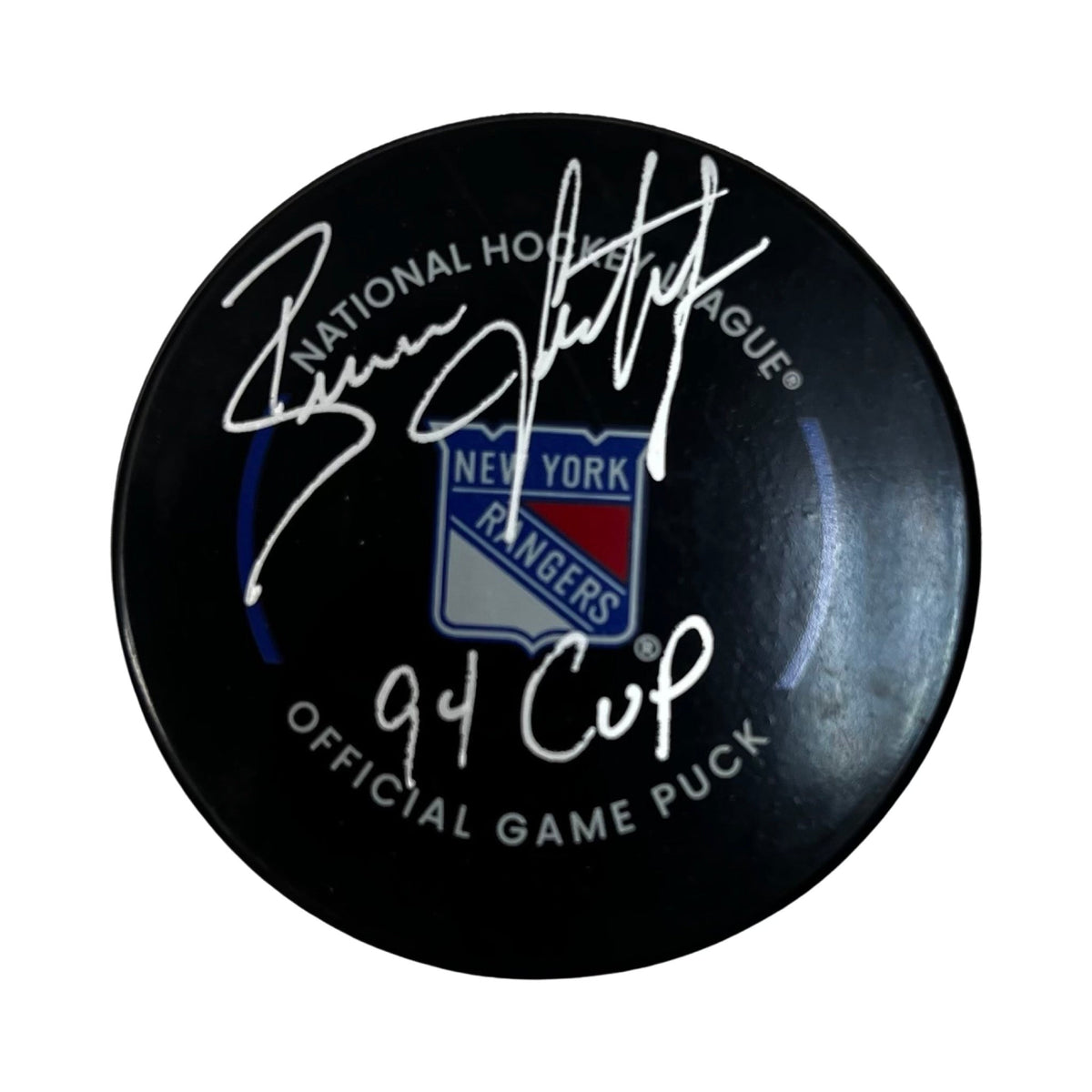Brian Leetch Autographed New York Rangers Blue Official Game Puck 94 Cup Inscription Steiner CX product image 1, provided
